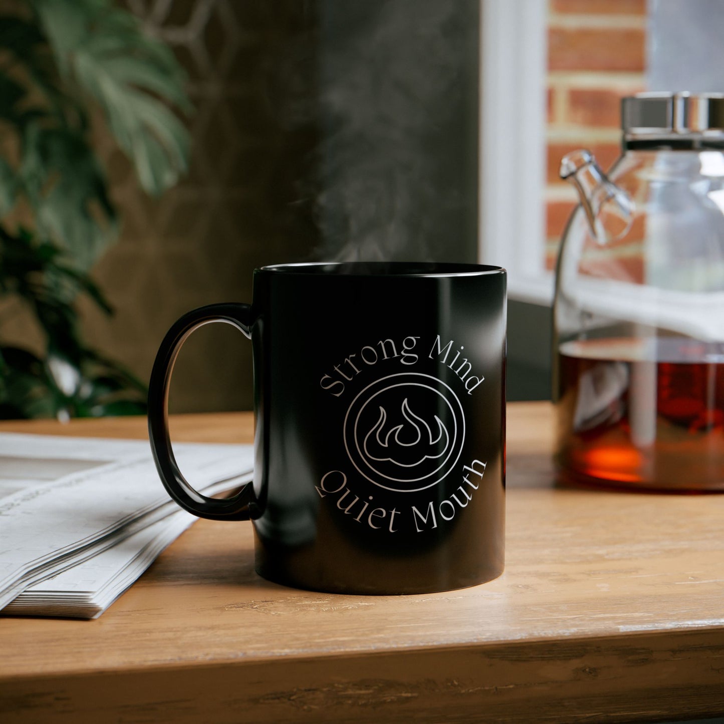 “Strong Mind, Quiet Mouth” - Minimalist Flame Emblem Matte Black Mug