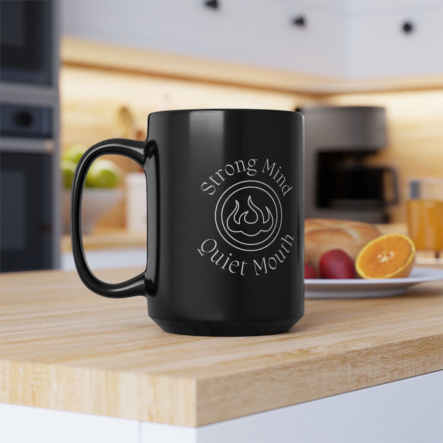 “Strong Mind, Quiet Mouth” - Minimalist Flame Emblem Matte Black Mug