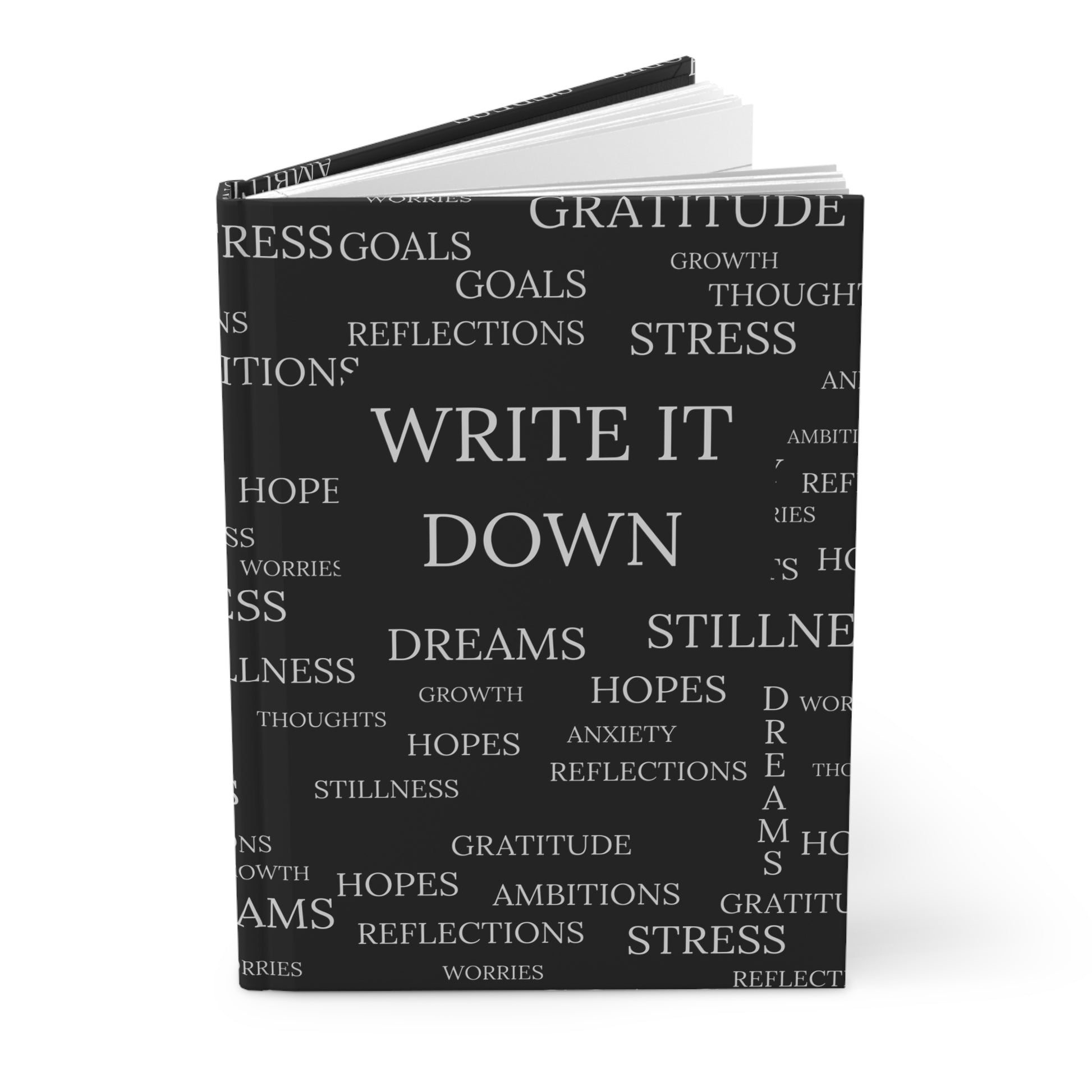 Black notebook with white text on a white background